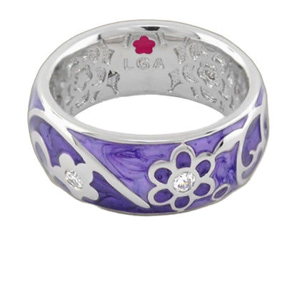 Daisy Swirl Band Ring purple enamel with white floral lattice and clear stones by Lauren G Adams on Tampa Home & Garden Store