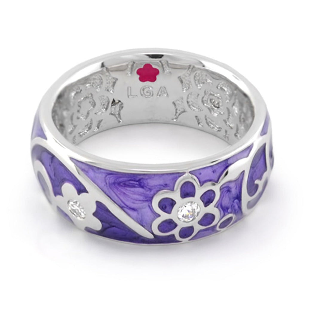 Daisy Swirl Band Ring by Lauren G Adams, purple enamel with silver floral filigree and crystals on Tampa Home & Garden Store