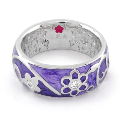 Daisy Swirl Band Ring by Lauren G Adams, purple enamel with silver floral filigree and crystals on Tampa Home & Garden Store