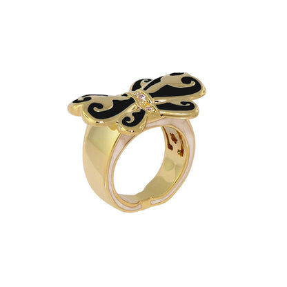 Bows and Hearts Ring by Lauren G Adams, gold-tone cocktail ring with black enamel bow on Tampa Home & Garden Store
