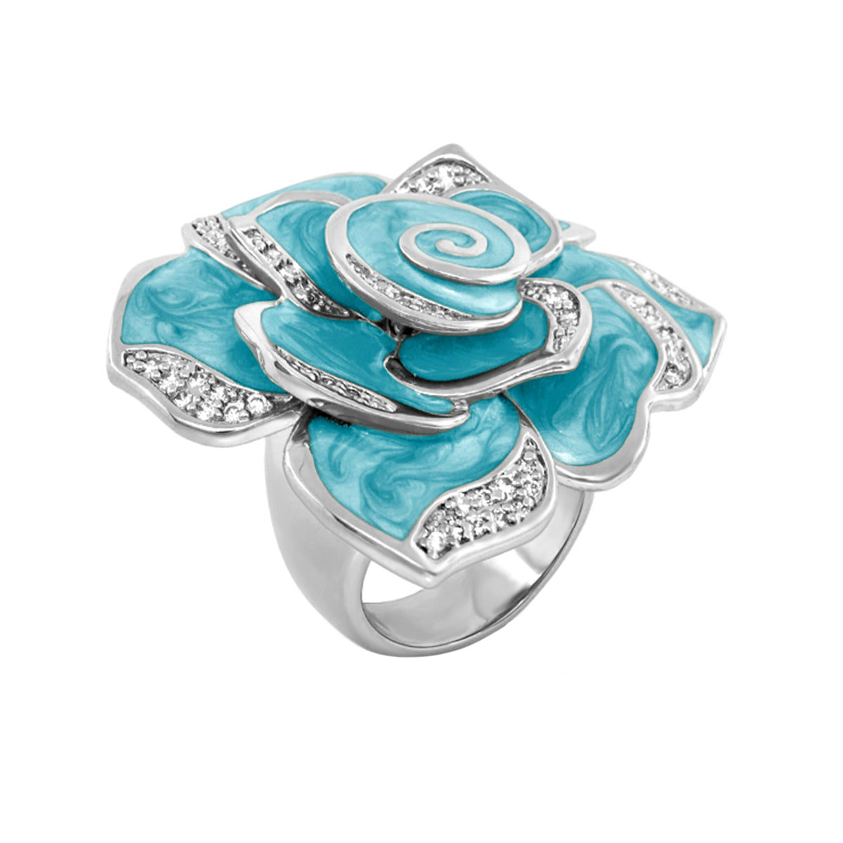Rose cocktail ring by Lauren G Adams, turquoise enamel petals with crystal silver accents on Tampa Home & Garden Store