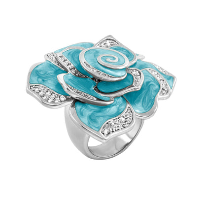 Rose cocktail ring by Lauren G Adams, turquoise enamel petals with crystal silver accents on Tampa Home & Garden Store