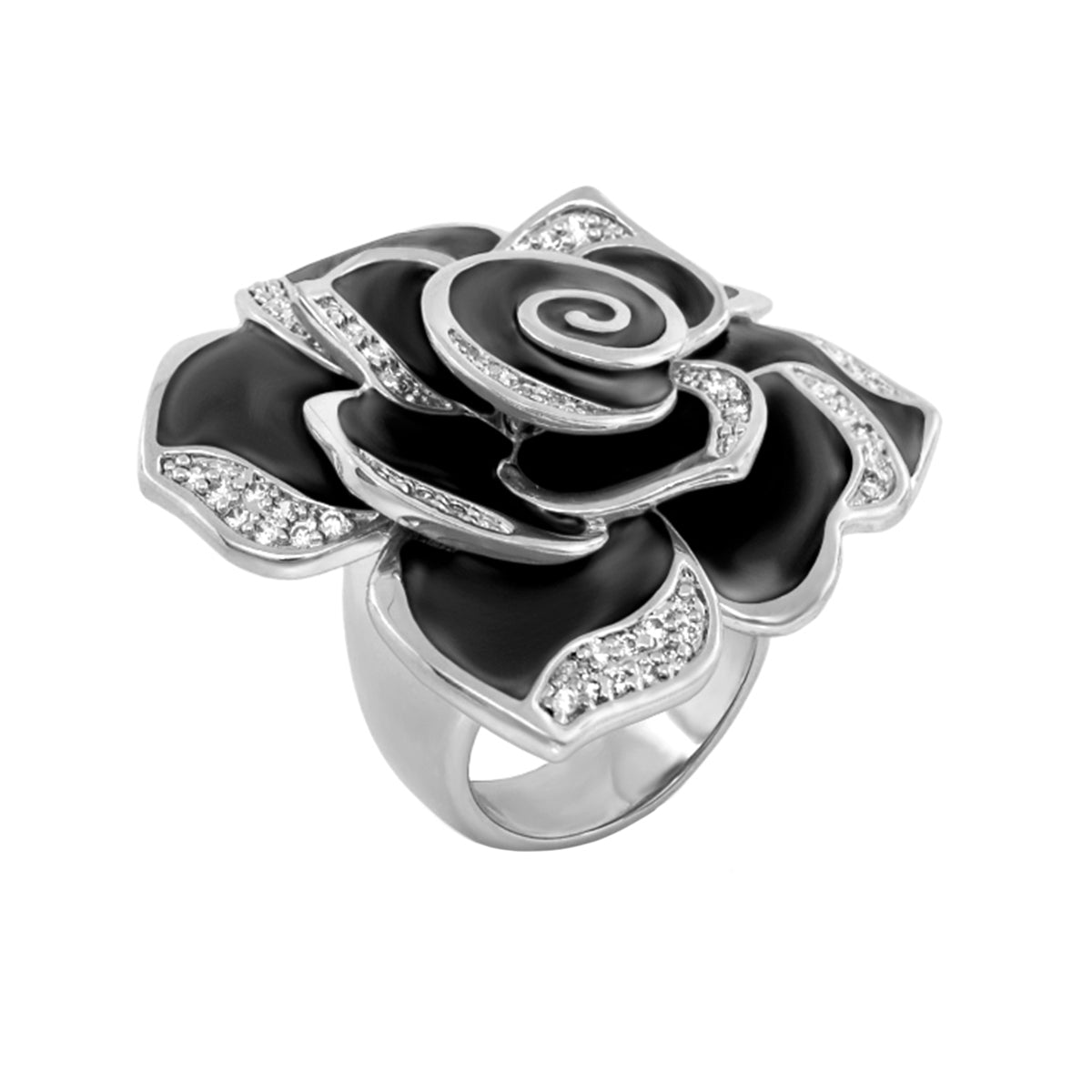 Rose Cocktail Ring by Lauren G Adams, silver-tone with black enamel petals and crystals on Tampa Home & Garden Store