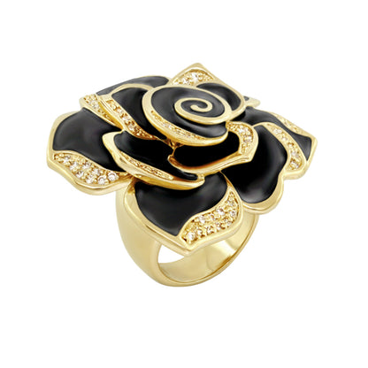 Rose Cocktail Ring by Lauren G Adams; gold-tone with black enamel petals and crystal accents on Tampa Home & Garden Store
