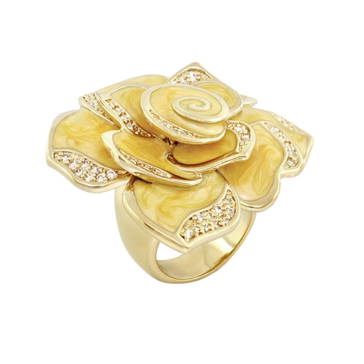 Rose Cocktail Ring by Lauren G Adams, yellow marbled petals with crystal accents, gold tone on Tampa Home & Garden Store