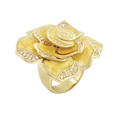 Rose Cocktail Ring by Lauren G Adams, yellow marbled petals with crystal accents, gold tone on Tampa Home & Garden Store