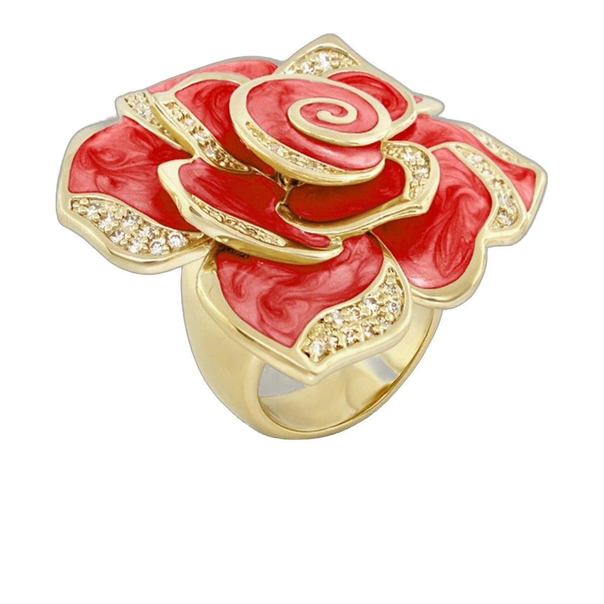Rose cocktail ring in gold-tone with red enamel petals and crystal accents by Lauren G Adams on Tampa Home & Garden Store