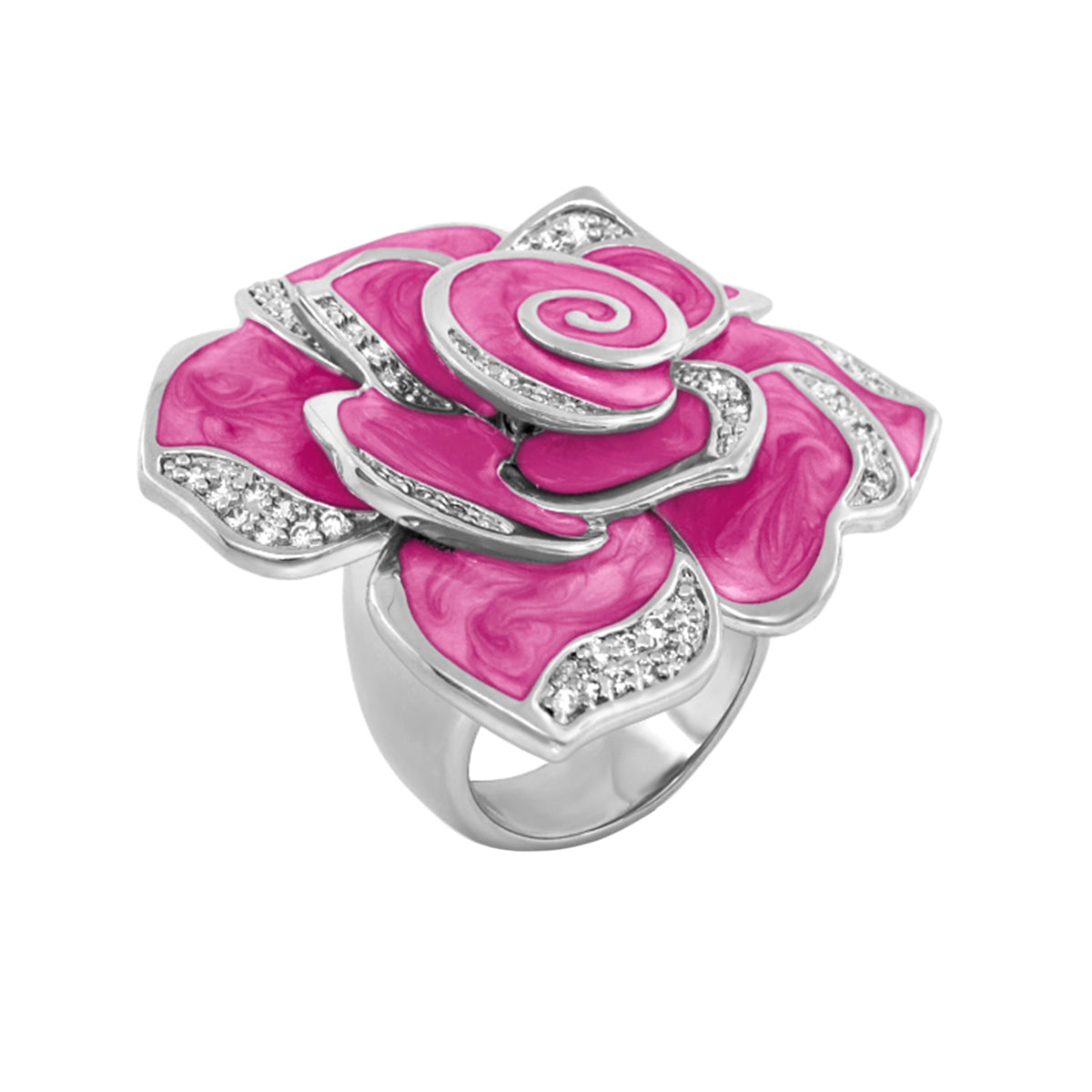 Rose cocktail ring with pink enamel petals and crystal accents on a silver-tone band on Tampa Home & Garden Store