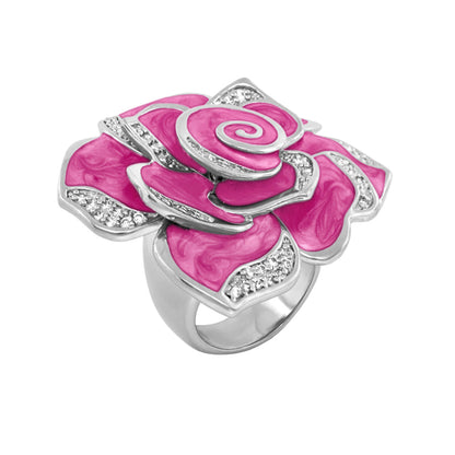 Rose cocktail ring with pink enamel petals and crystal accents on a silver-tone band on Tampa Home & Garden Store