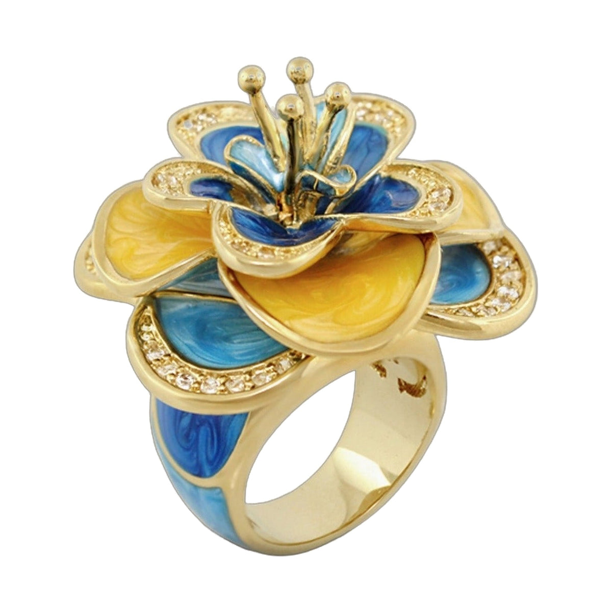 Butterfly World Yellow and Blue Flower Cocktail Ring by Lauren G Adams, enamel petals on Tampa Home & Garden Store