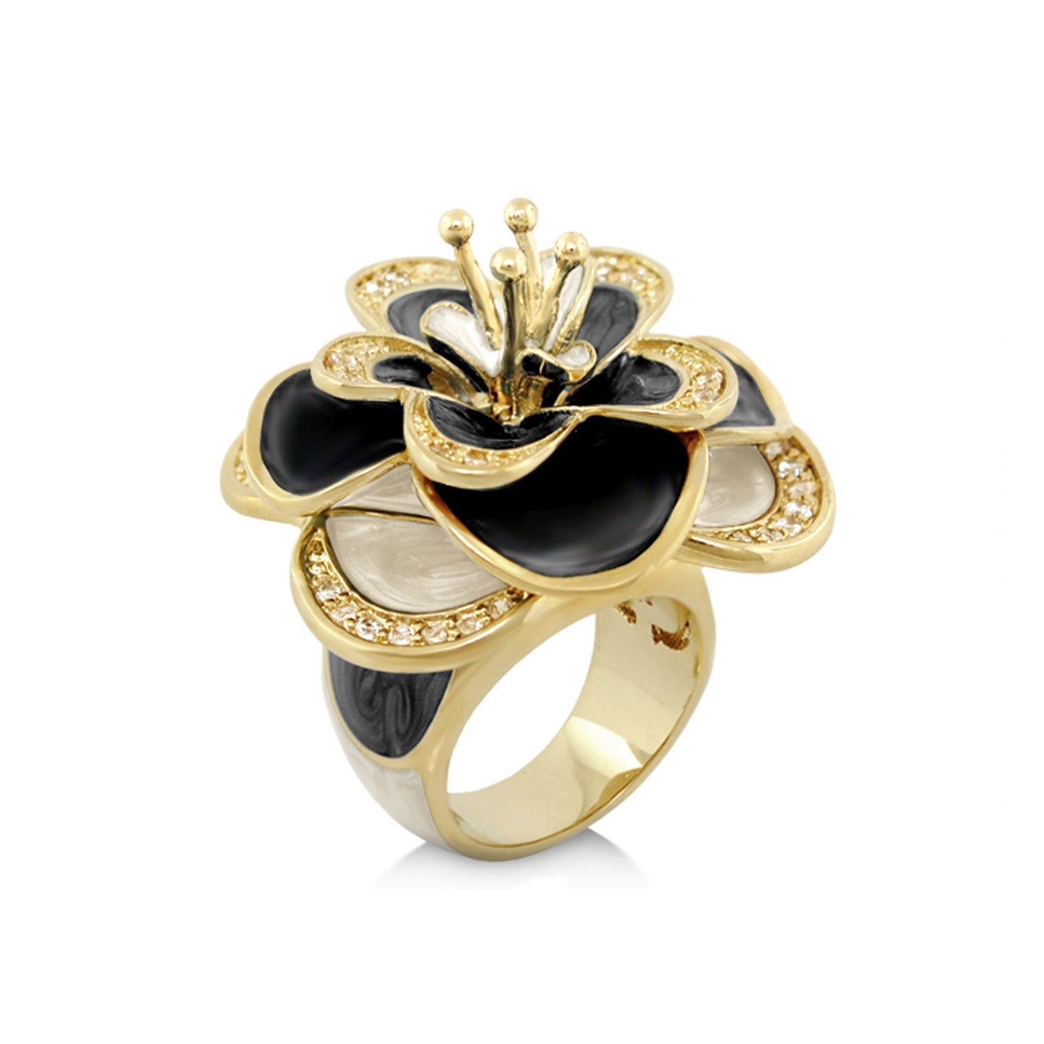 Butterfly World yellow gold flower cocktail ring with blue enamel petals and crystal accents on Tampa Home & Garden Store