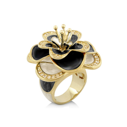 Butterfly World yellow gold flower cocktail ring with blue enamel petals and crystal accents on Tampa Home & Garden Store