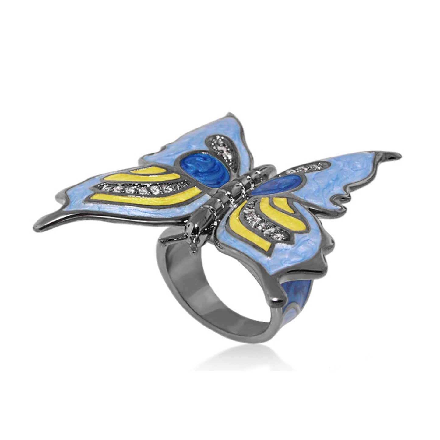 Butterfly World Red Ring cocktail ring by Lauren G Adams with blue wings and yellow accents on Tampa Home & Garden Store