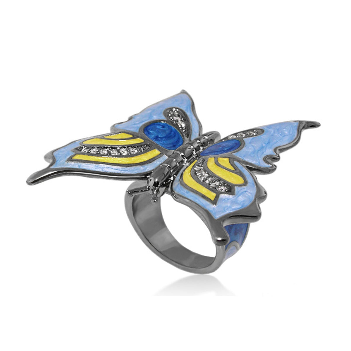 Butterfly World Red Ring cocktail ring by Lauren G Adams with blue wings and yellow accents on Tampa Home & Garden Store