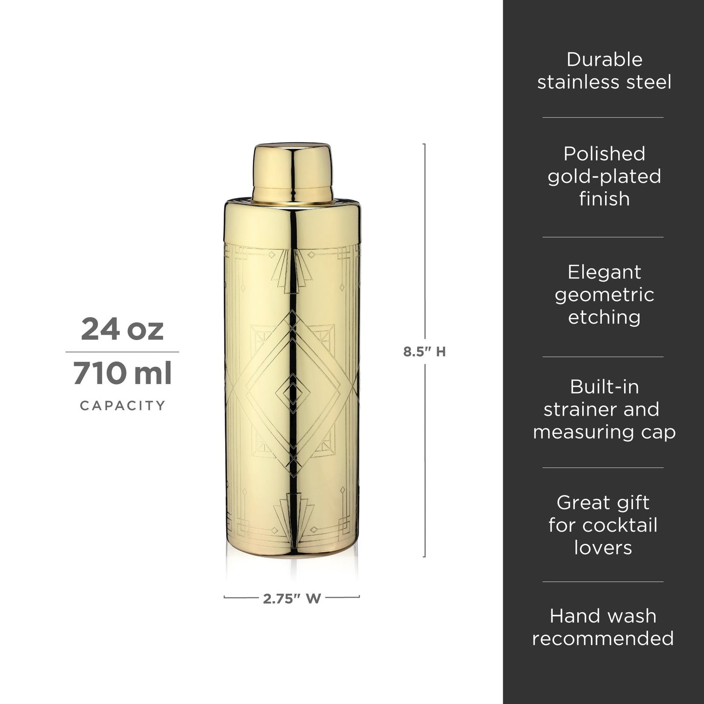 Art Deco Gold Stainless Steel Cocktail Shaker