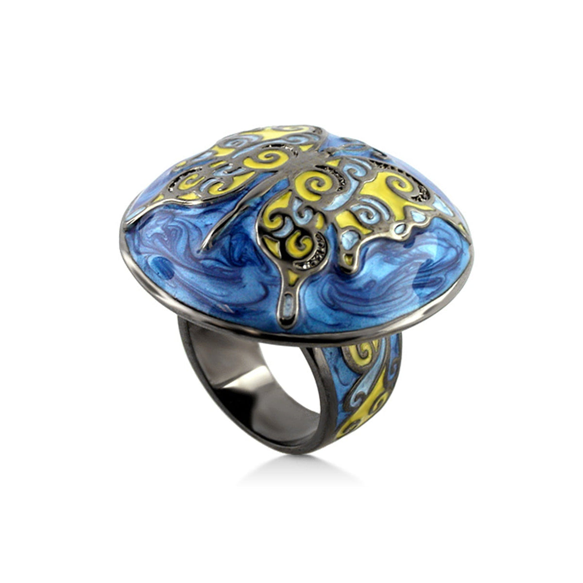 Butterfly Ring by Lauren G Adams, blue swirled enamel dome with yellow butterfly motif on Tampa Home & Garden Store