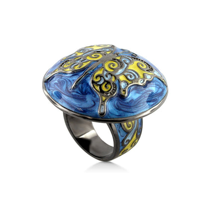 Butterfly Ring by Lauren G Adams, blue swirled enamel dome with yellow butterfly motif on Tampa Home & Garden Store