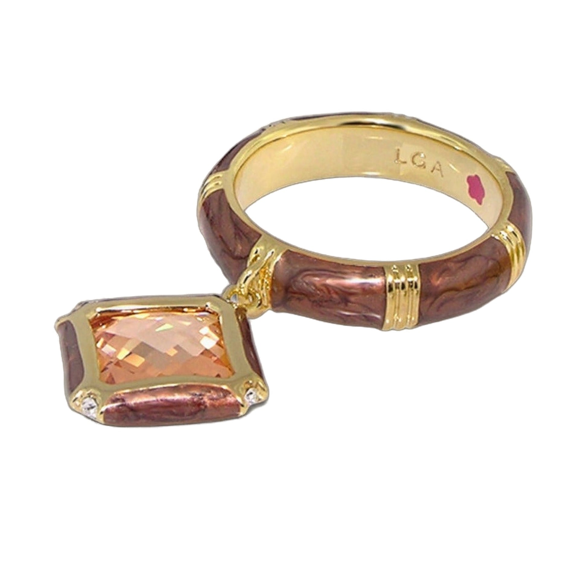 Prince Charming Ring cushion-cut pink gemstone in gold-tone setting with wood band LCA on Tampa Home & Garden Store