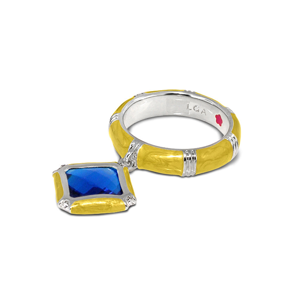 Prince Charming Ring Cushion Charm Ridged Band blue cushion-cut gemstone in yellow gold on Tampa Home & Garden Store
