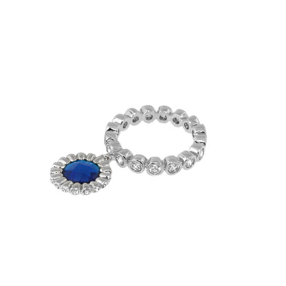 Classic Charm Ring by Lauren G Adams with blue oval pendant and halo on silver tone band on Tampa Home & Garden Store