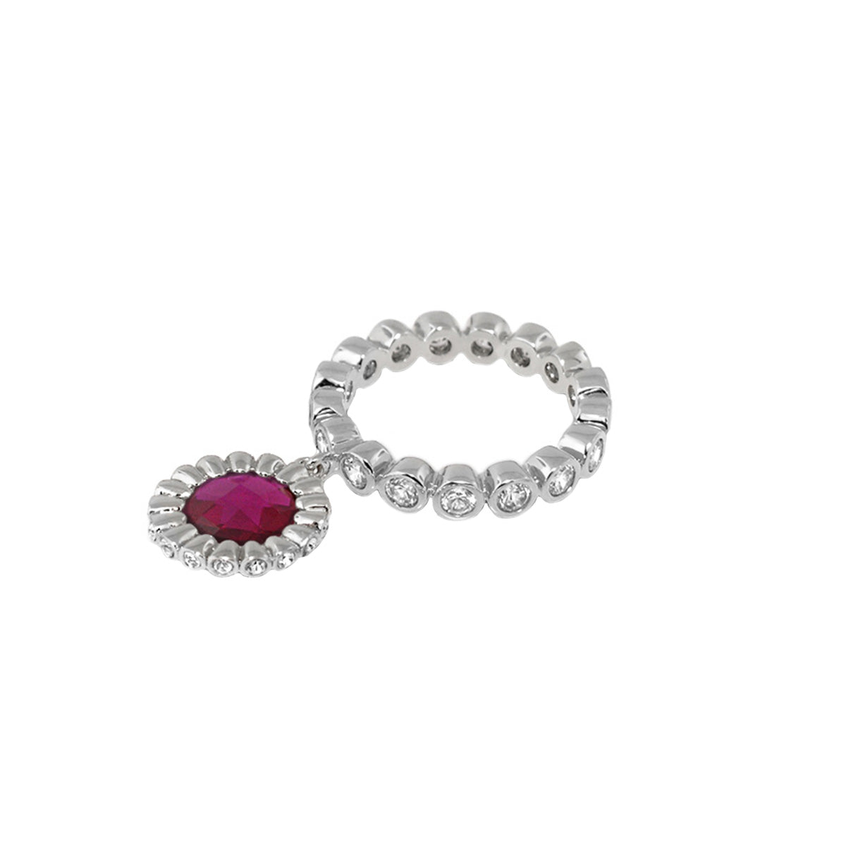 Classic Charm Ring silver-tone band with oval ruby red pendant and surrounding clear stones on Tampa Home & Garden Store