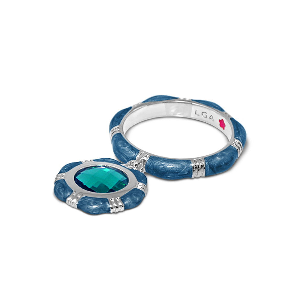 Prince Charming Ring - Round Charm Ridged Band, blue stackable ring and teal gemstone charm, LGA on Tampa Home & Garden Store