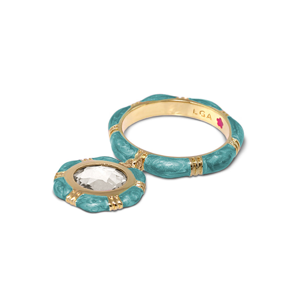 Prince Charming Ring Round Charm Ridged Band turquoise enamel gold trim crystal center Lauren G Adams stackable ring on Tampa Home & Garden Store
