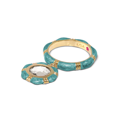 Prince Charming Ring Round Charm Ridged Band turquoise enamel gold trim crystal center Lauren G Adams stackable ring on Tampa Home & Garden Store