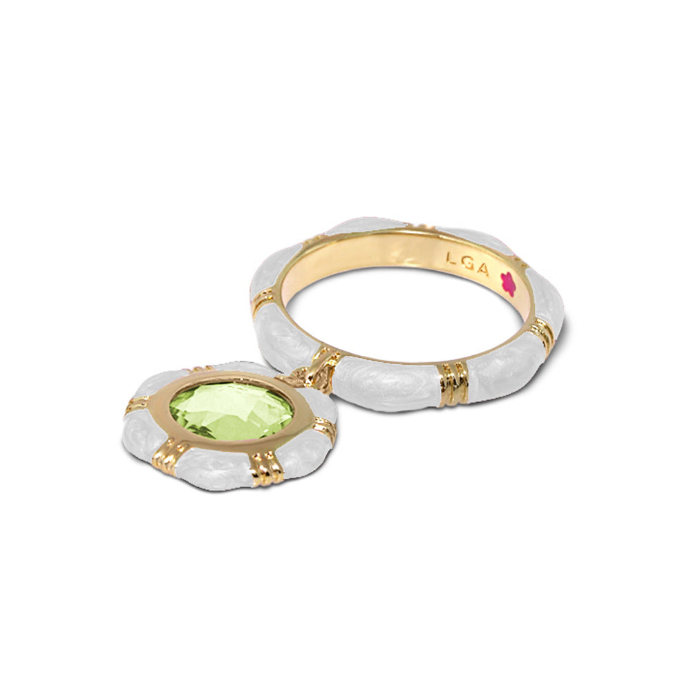 Prince Charming Ring stackable set white ridged bands, gold accents, lime gemstone, 2 rings on Tampa Home & Garden Store