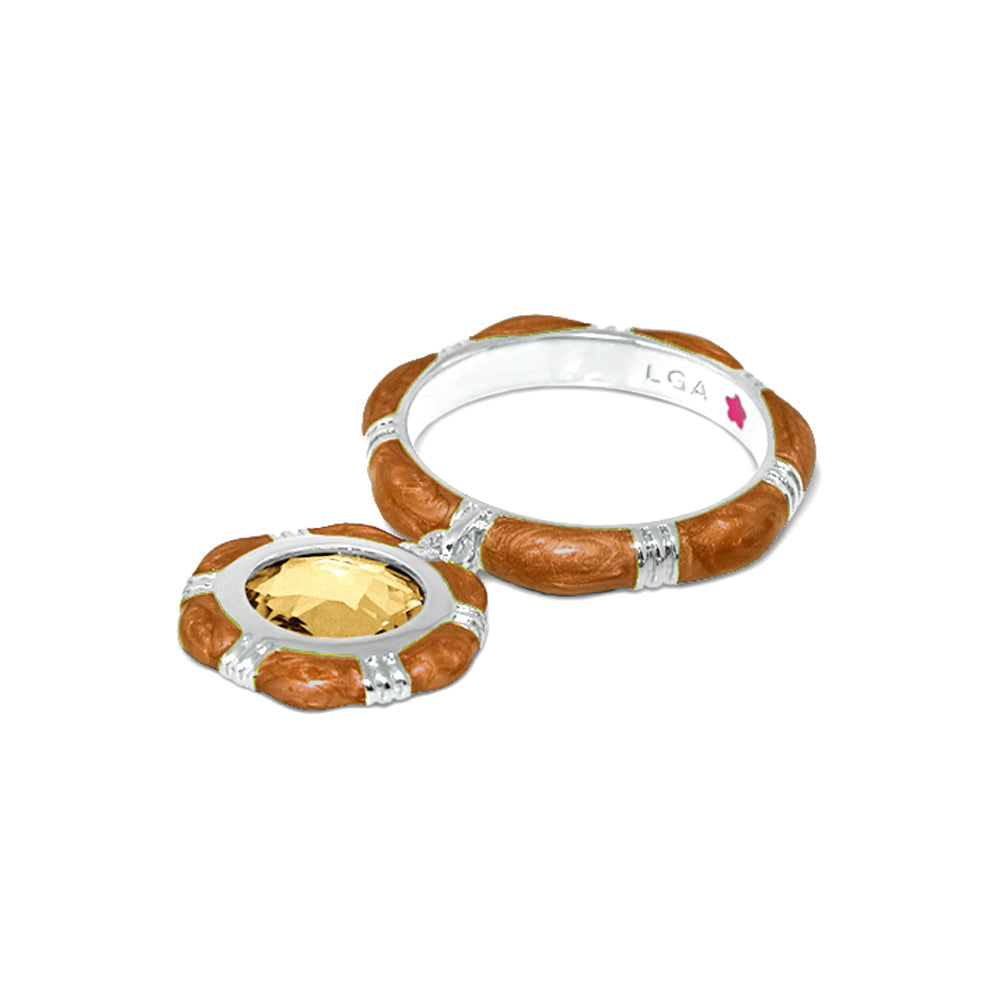Prince Charming Ridged Band ring set with orange segmented band and yellow gemstone charm on Tampa Home & Garden Store