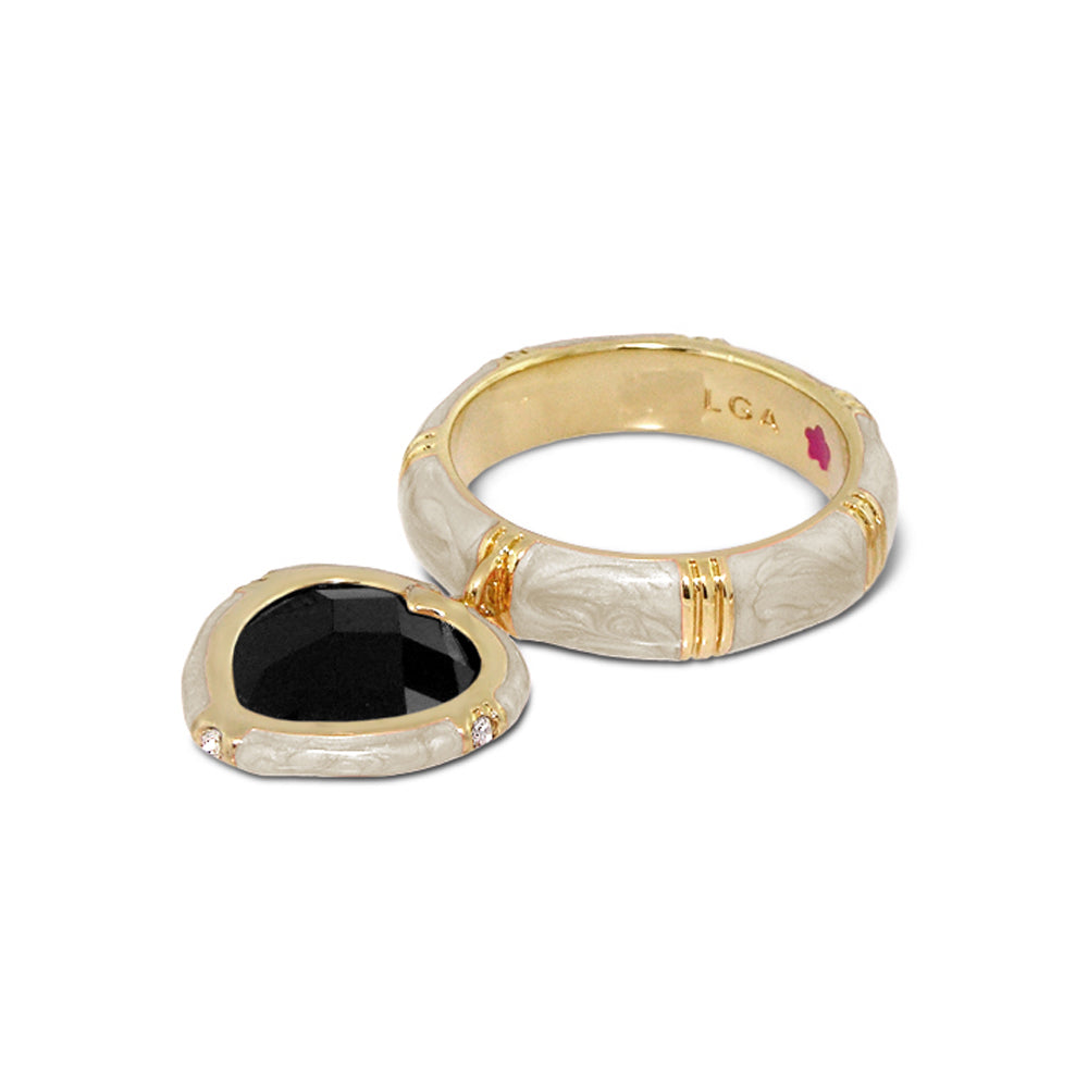 Prince Charming Ring Heart Ridged Band white band gold accents black onyx heart charm bezel on Tampa Home & Garden Store