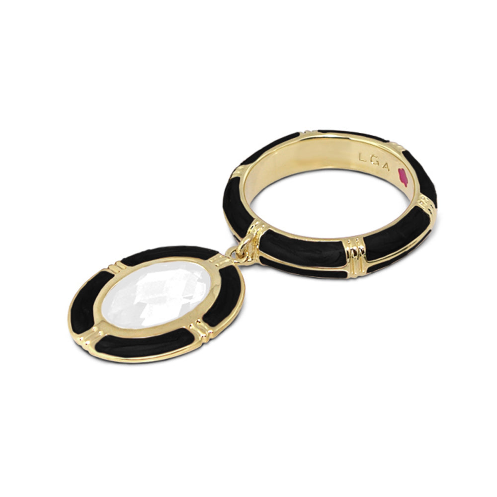 Prince Charming Ring - Oval Charm Ridged Band in gold-tone with black enamel, detachable oval charm on Tampa Home & Garden Store