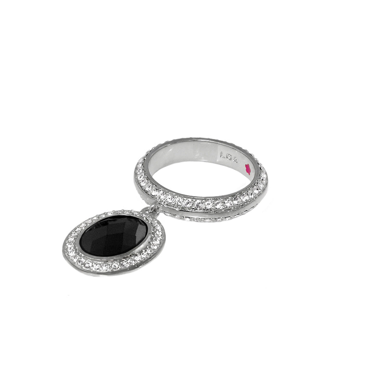 Stackable Charm Ring by Lauren G Adams with black onyx pendant and pavé halo, silver band on Tampa Home & Garden Store
