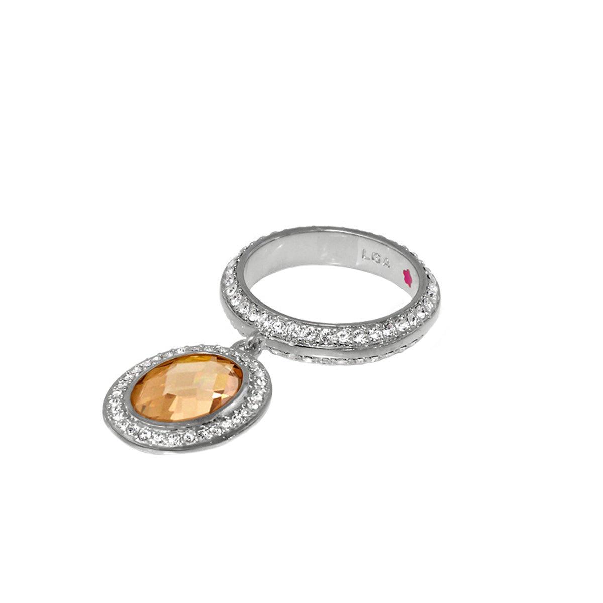 Stackable Charm Ring by Lauren G Adams, silver band with pavé crystals and orange oval pendant on Tampa Home & Garden Store