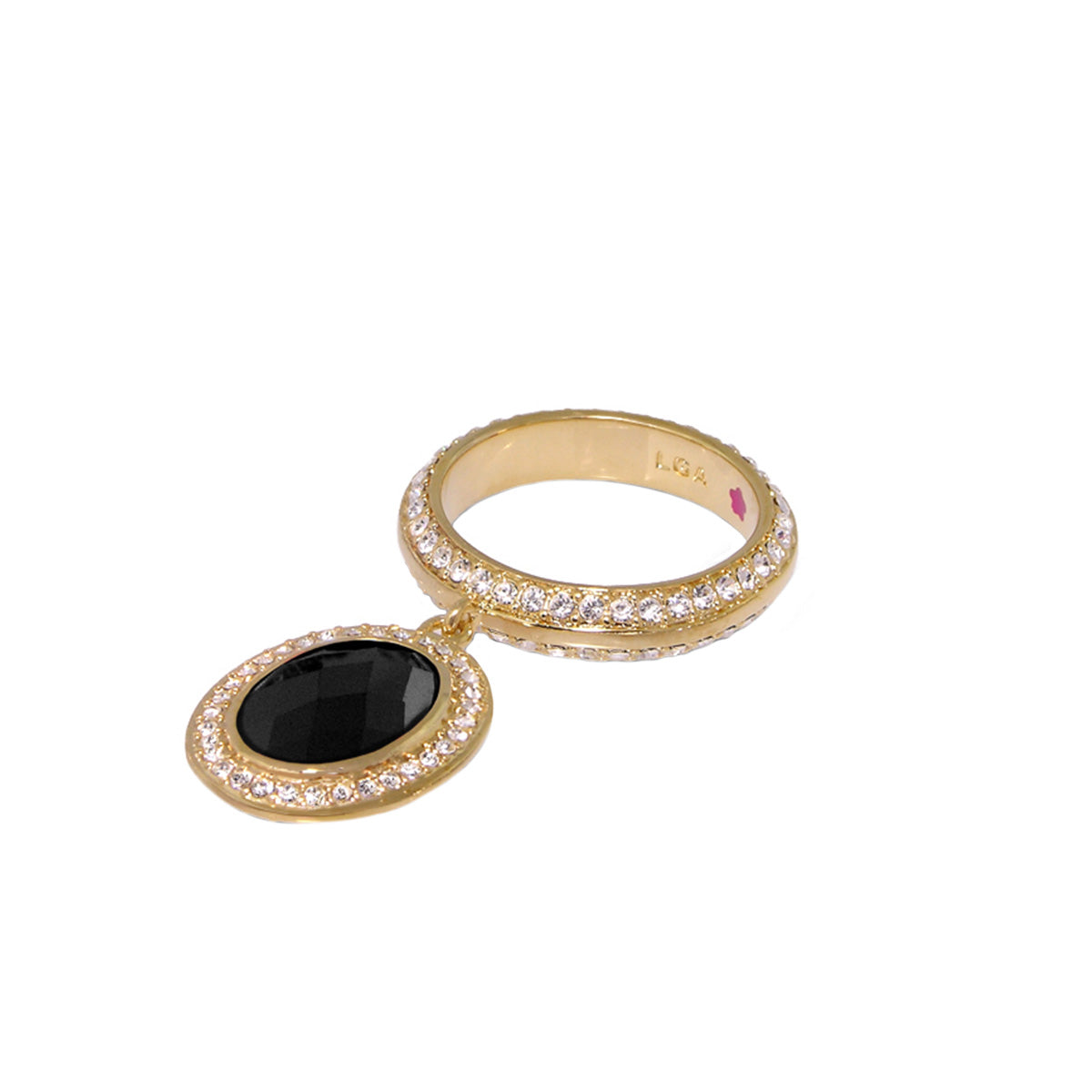 Gold stackable ring with pavé diamonds and a black onyx pendant halo LGA engraving inside band on Tampa Home & Garden Store