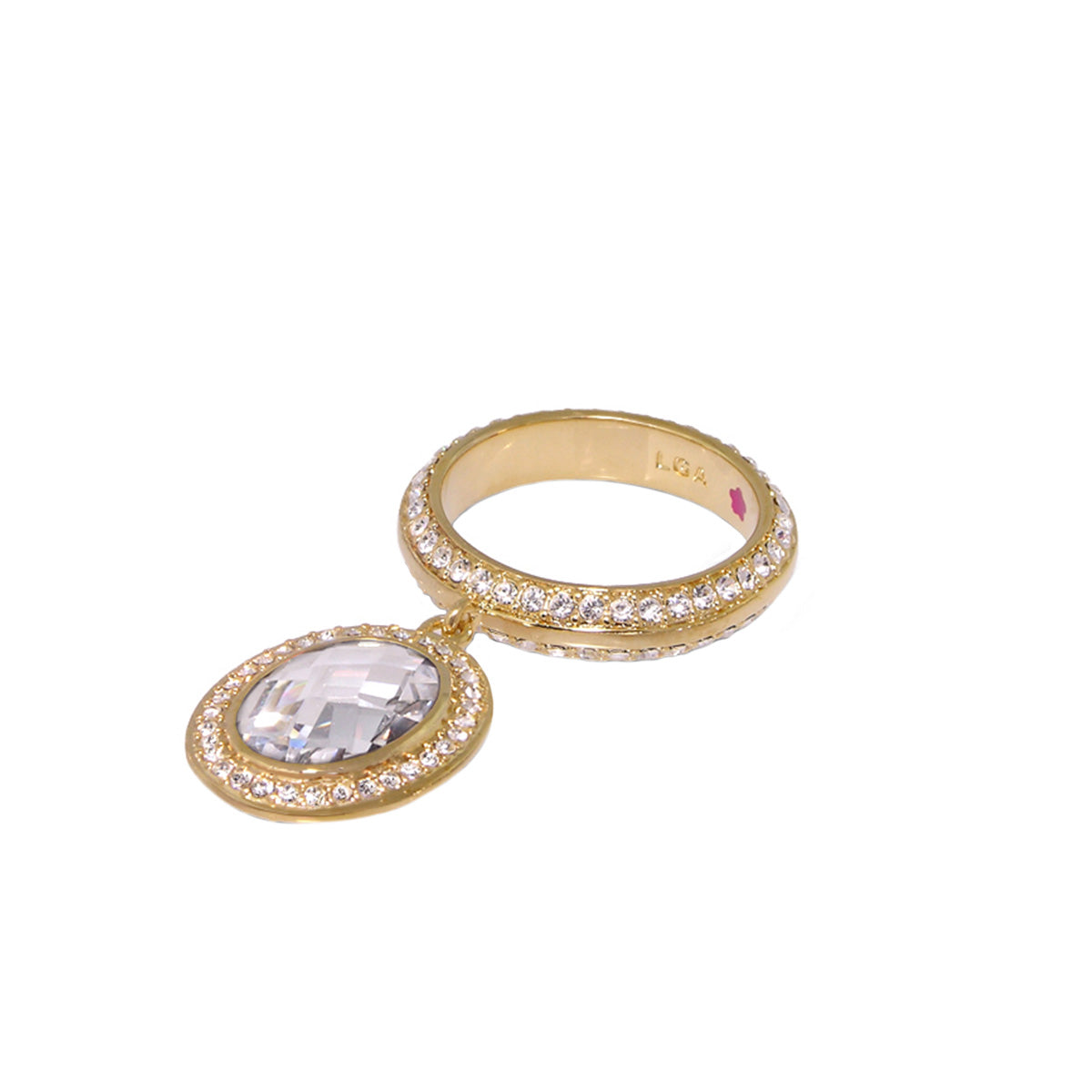Gold stackable ring by Lauren G Adams with pavé diamonds and a dangling oval crystal charm on Tampa Home & Garden Store