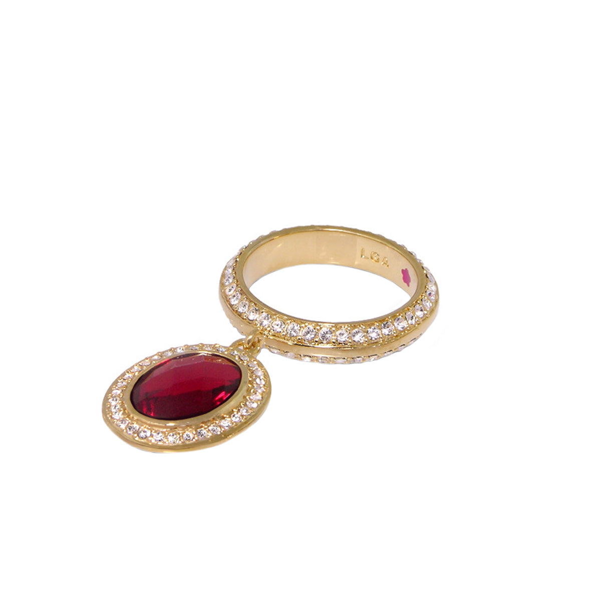 Stackable Charm Ring by Lauren G Adams, gold band with pavé diamonds and a red gemstone pendant on Tampa Home & Garden Store