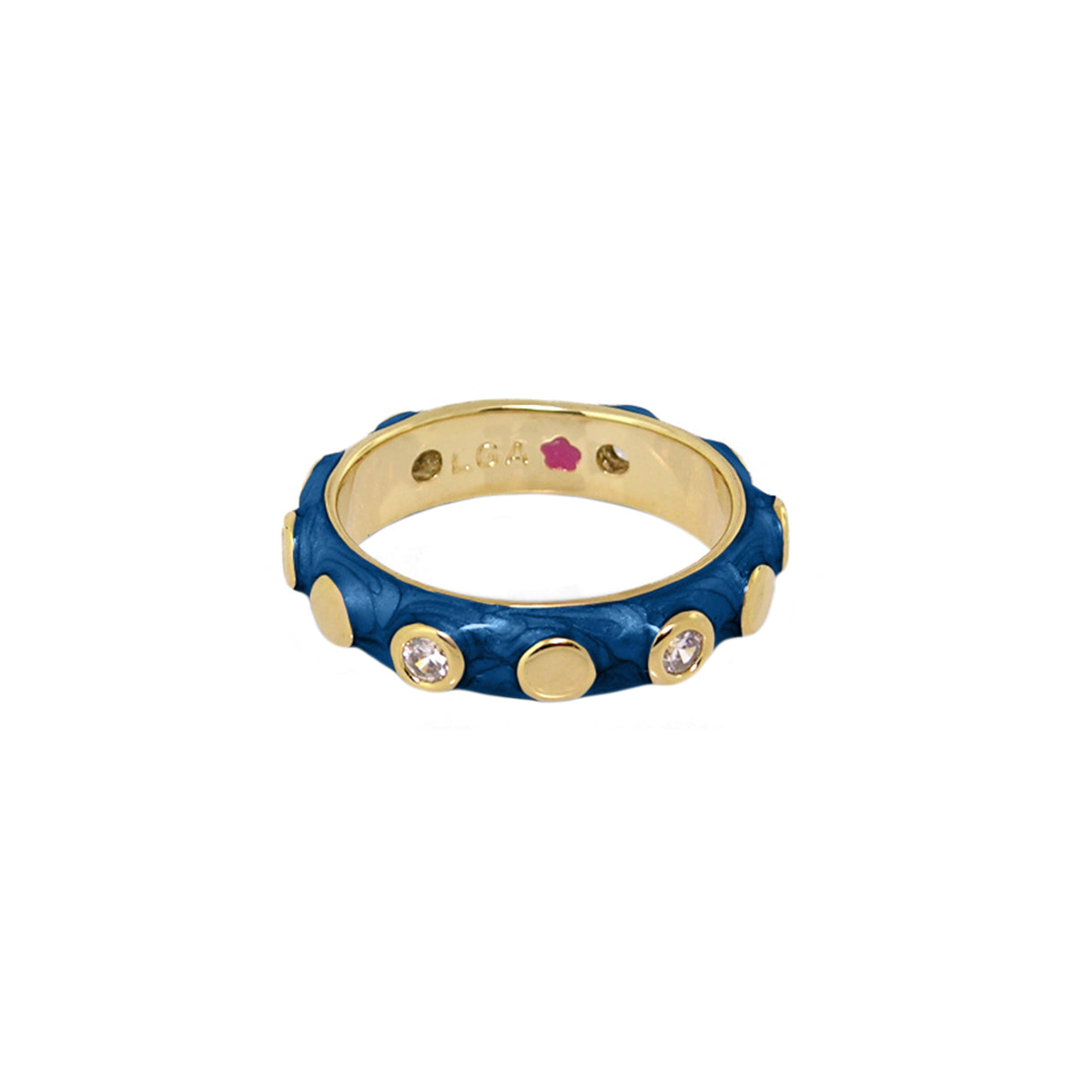 Stackable Fiesta Ring with blue textured band, gold-tone studs and crystal dots, L.G.A engraving on Tampa Home & Garden Store