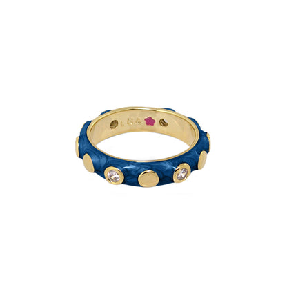 Stackable Fiesta Ring with blue textured band, gold-tone studs and crystal dots, L.G.A engraving on Tampa Home & Garden Store