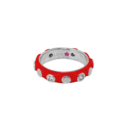 Stackable Fiesta Ring Bezel Dot Station red enamel band with silver bezel dots on Tampa Home & Garden Store