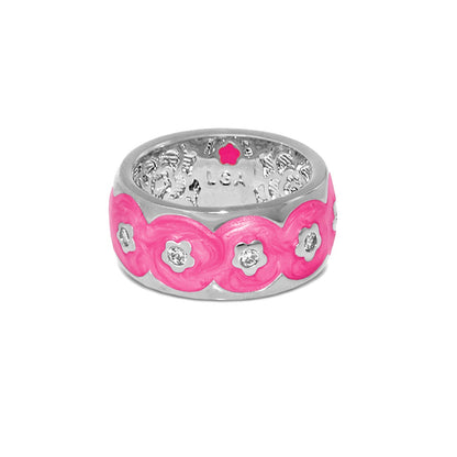 Flowering Vines Ring Band by Lauren G Adams, silver ring with pink enamel flower motifs and crystal accents on Tampa Home & Garden Store