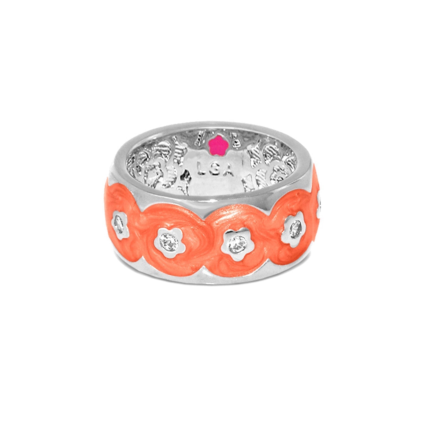 Flowering Vines Ring Band coral enamel with crystals on a silver band by Lauren G Adams on Tampa Home & Garden Store