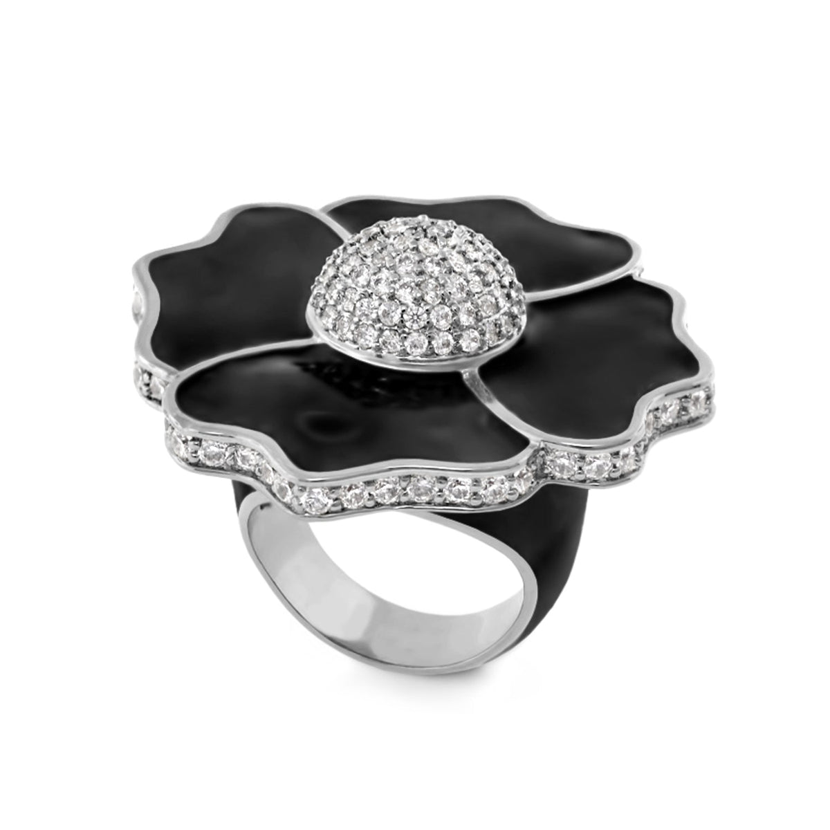 Poppy Love cocktail ring in black enamel flower with diamond pavé dome by Lauren G Adams on Tampa Home & Garden Store