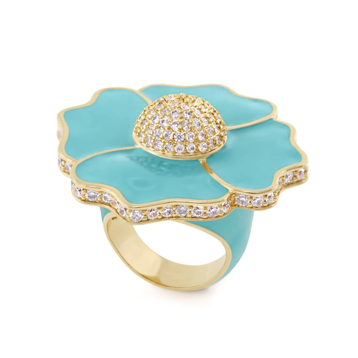 Poppy Love Cocktail Ring turquoise enamel flower with gold trim and pavé diamonds Lauren G Adams on Tampa Home & Garden Store