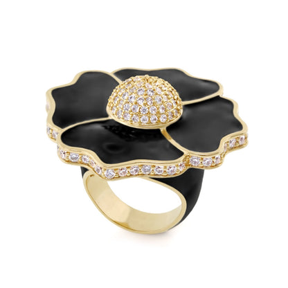Poppy Love cocktail ring by Lauren G Adams, black enamel flower with gold trim and pave crystals on Tampa Home & Garden Store