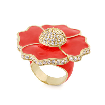 Poppy Love cocktail ring with red enamel petals, gold-tone edges and pavé center on Tampa Home & Garden Store