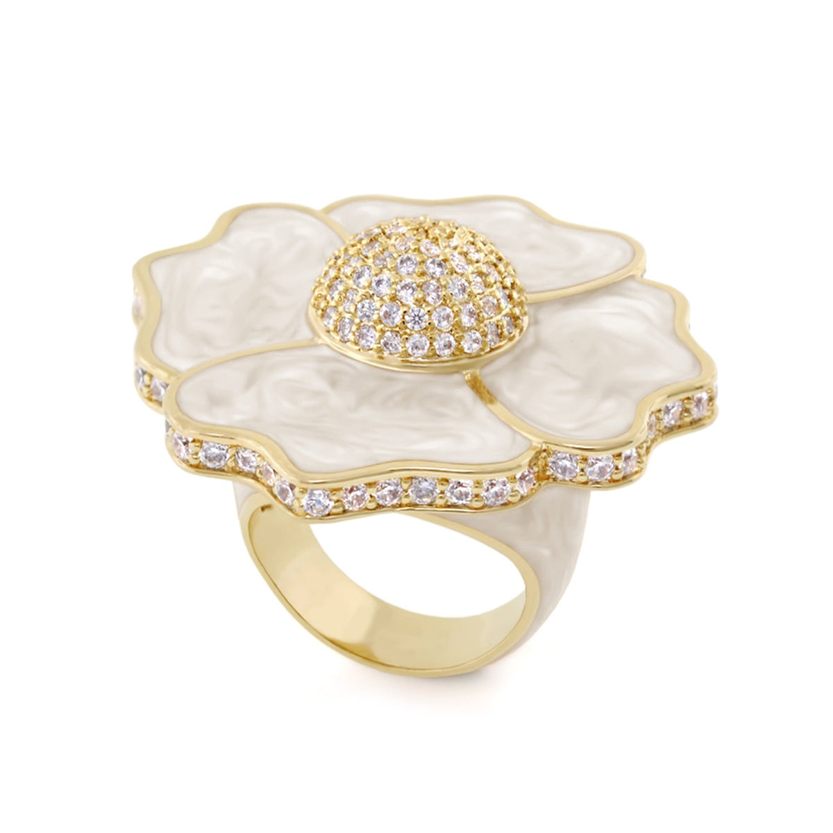 Poppy Love Ring by Lauren G Adams, gold-tone with white mother-of-pearl petals and diamonds on Tampa Home & Garden Store