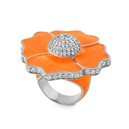 Poppy Love Cocktail Ring with orange enamel petals and pave diamond center on silver band on Tampa Home & Garden Store