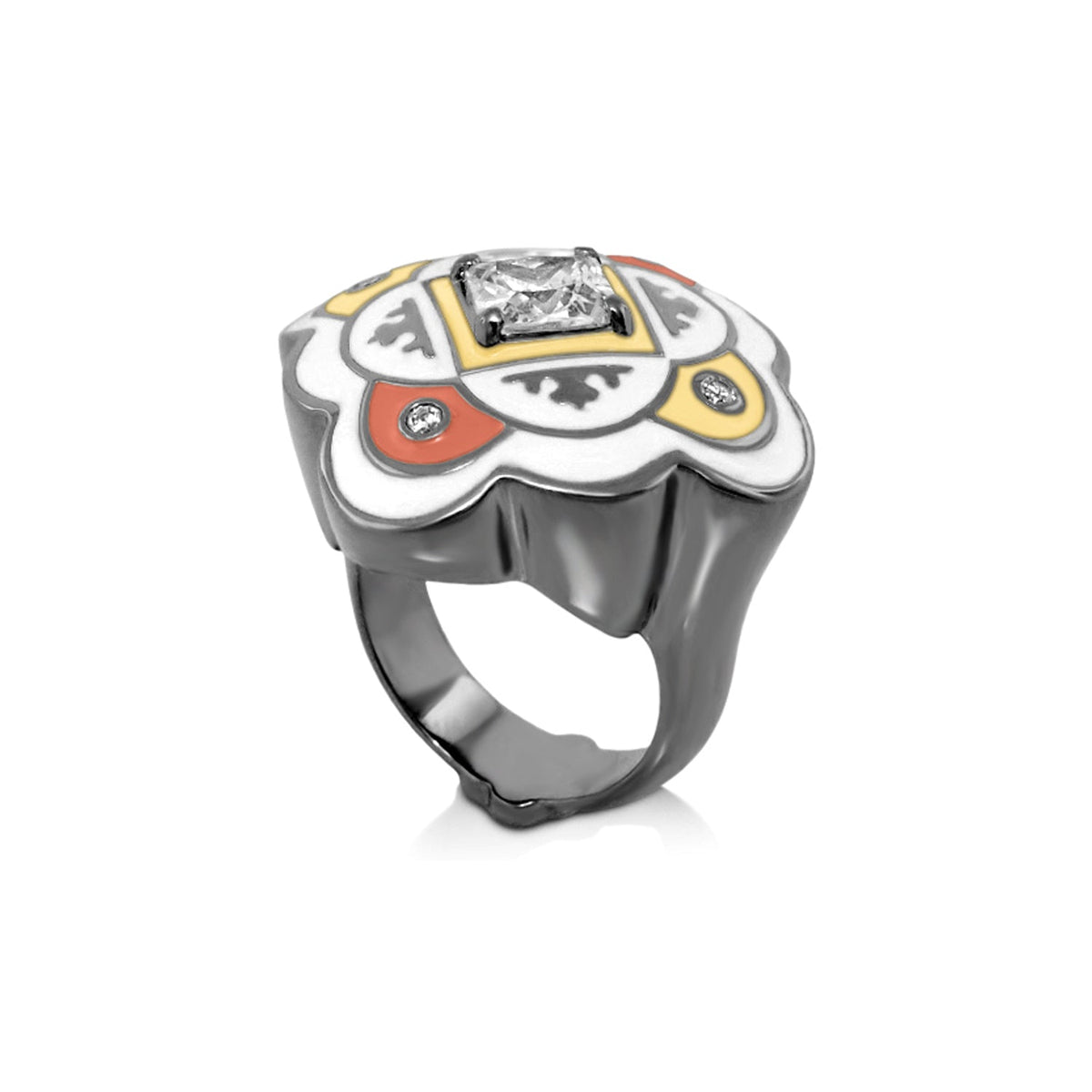 Mandarine Oriental Ring by Lauren G Adams silver enamel flower top cocktail ring with stone on Tampa Home & Garden Store