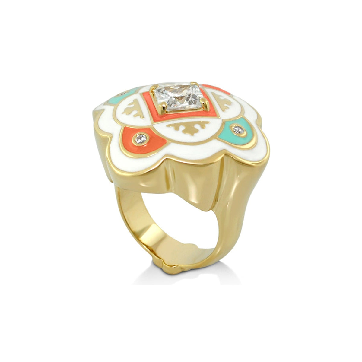 Mandarine Oriental Ring gold-tone cocktail ring with enamel petals in white coral turquoise mint on Tampa Home & Garden Store